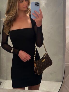 Superdown Black Square-Neck Mesh-Sleeve Mini Dress